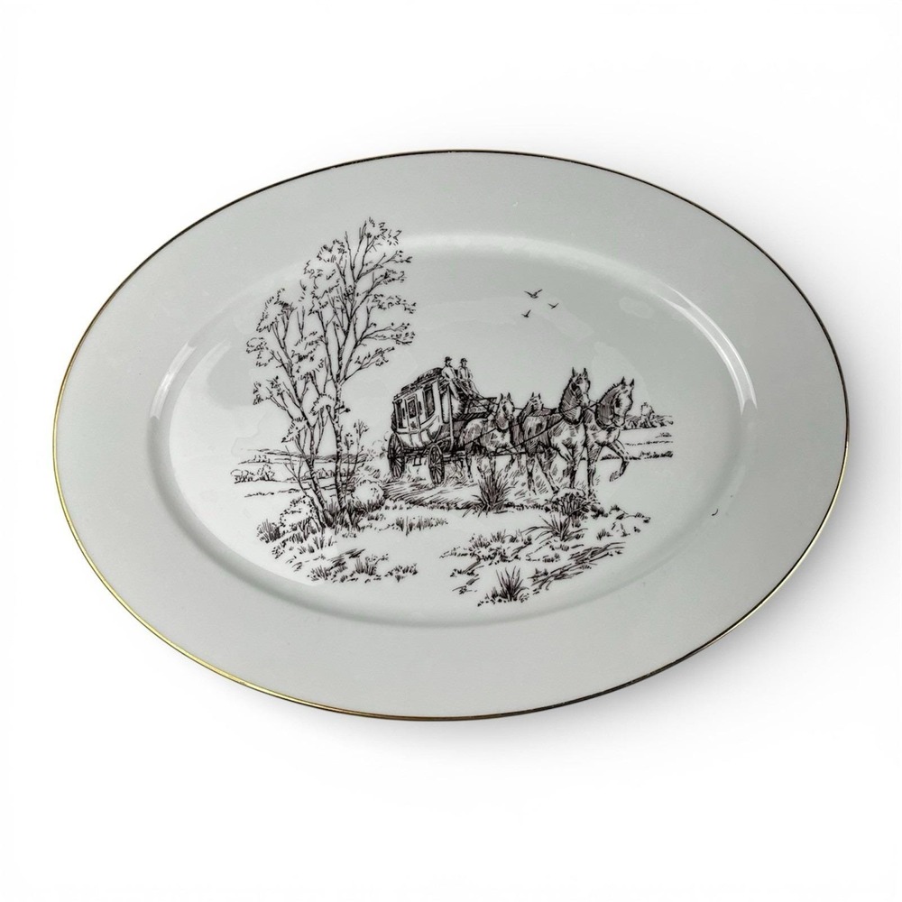 🇺🇸 Lenox Stagecoach 17" Oval Serving Platter Ivory Porcelain 24K Gold Trim